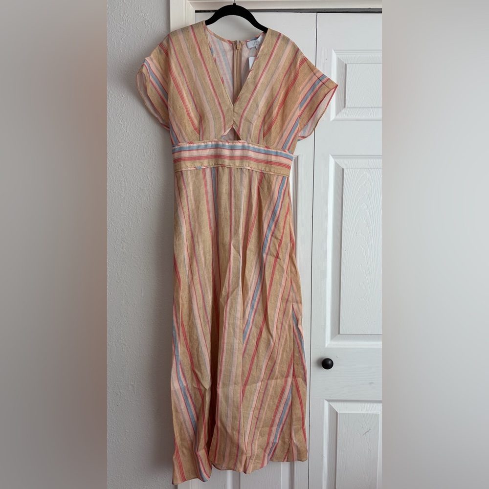 Pearl by Lela Rose Stripe Ramie Linen Midi Cut Out Dress